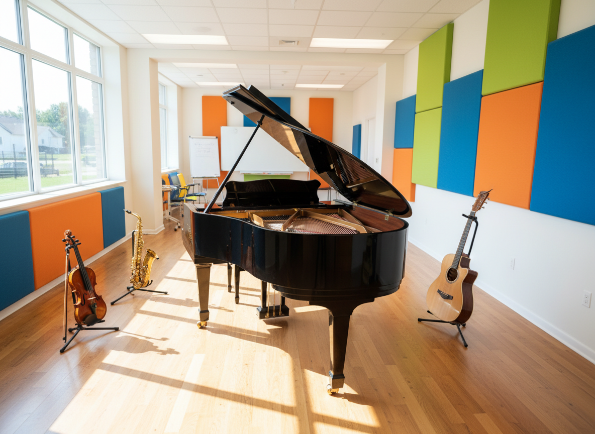 A bright, inviting music studio photographed in crisp detail, with a polished black grand piano as the central focus, its open lid revealing gleaming strings and hammers. Around it, colorful acoustic panels in playful geometric shapes line the walls, and neatly arranged stands hold a violin, acoustic guitar, and saxophone. Sunlight pours through large windows, casting soft, warm reflections on the hardwood floor and instrument surfaces. The mood is brave and fun, full of creative possibility. Shot at eye level with a wide lens, the composition emphasizes depth, drawing the viewer from the piano toward a slightly blurred background of open, flexible teaching spaces. The photographic style is vibrant, modern, and welcoming, perfectly suited to a playful music school environment.