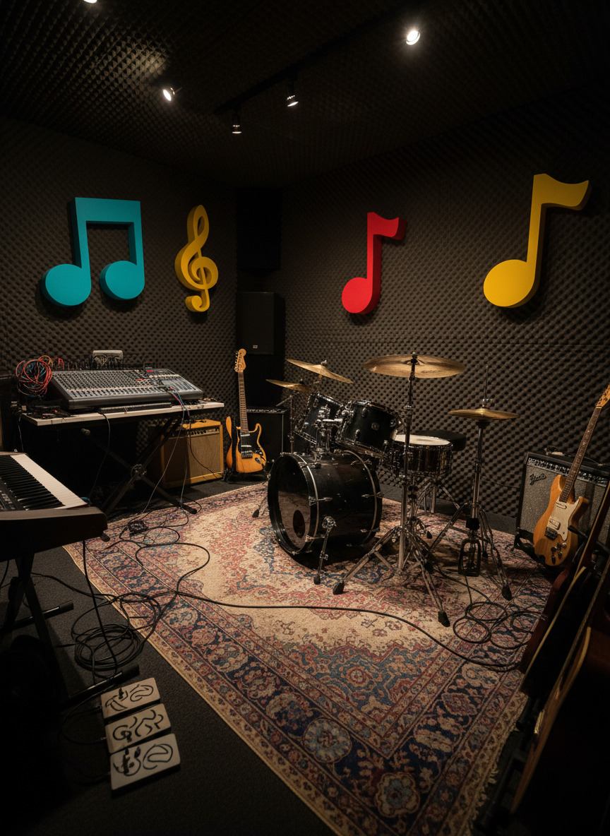 A flexible creative room rental space tailored for bands and ensembles, captured in high-resolution photographic realism. The room features dark, sound-treated walls with playful pops of color from mounted acoustic panels shaped like oversized musical notes, and a slightly worn but charming rug anchoring a central cluster of gear: a full drum kit, keyboard workstation, amplifiers, and multiple guitars on a floor rack. Coiled cables, neatly labeled pedals with non-readable symbols, and a large mixing console on a side desk hint at serious music-making without showing people. Warm, directional ceiling lights create pockets of brightness on the instruments and subtle shadows in corners, adding depth and coziness. Shot from a low, three-quarter angle, the composition feels immersive and energetic, ideal for rehearsals, songwriting sessions, and creative experimentation.