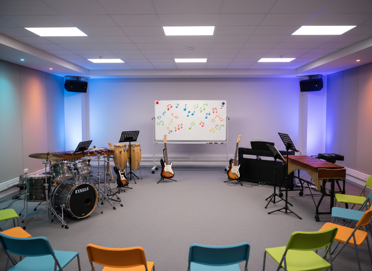 A dynamic workshop scene in a medium-sized rehearsal hall, photographed with sharp clarity, where a semi-circle of varied instruments—drum kit, electric guitar, bass guitar, digital piano, marimba, and congas—surround a central whiteboard on wheels covered not with text but with colorful, abstract rhythm and melody symbols. Bright, even overhead lighting mixes with subtle colored LED uplights on the walls, creating a playful, energetic glow that bounces off chrome drum hardware and glossy instrument finishes. Folding music stands and a circle of mismatched but cheerful chairs suggest group activities for diverse ages. Captured from a slightly elevated, wide-angle perspective, the composition emphasizes collaboration and creativity, with bold colors and a modern, vibrant photographic style that communicates an active, fun learning environment.