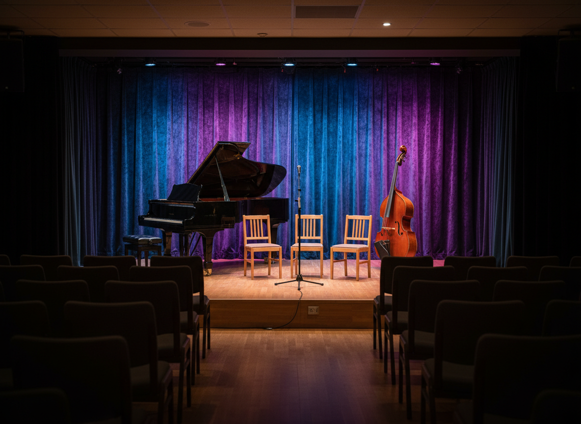 An atmospheric performance space designed for small concerts and recitals, shown in photographic detail. A low stage holds a polished baby grand piano, a classic double bass on a stand, a microphone stand without visible text or logos, and a few spotlit chairs for a string quartet. Rows of simple, comfortable chairs face the stage, while colorful LED stage lights cast soft purples and blues across heavy velvet curtains, creating a brave, theatrical mood. Warm overhead house lights fade toward the back, leaving the instruments dramatically highlighted. Shot from the back of the room at eye level, the composition leads the eye down the central aisle to the instruments, with a shallow depth of field subtly blurring the nearest chair backs. The atmosphere is expectant, playful, and ready for student performances and community events.
