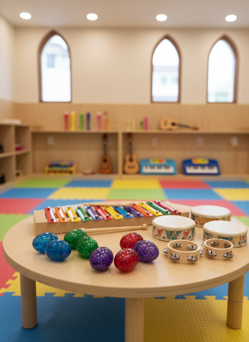 A colorful children’s music exploration room, photographed with bright, clear detail, where a low circular table is covered in small percussion instruments: shakers with translucent, jewel-toned shells, a miniature xylophone with rainbow bars, hand drums with soft textured heads, and tiny tambourines. Soft foam mats in bold, playful colors cover the floor, and shelves in the background hold neatly arranged recorders, ukuleles, and small keyboards. Gentle afternoon light streams through high windows, blending with warm ceiling lights to create a cheerful, even illumination. Shot from a slightly overhead angle, the composition emphasizes accessibility and fun, with a shallow depth of field that keeps the table and instruments sharply in focus while the background blurs slightly. The atmosphere is joyful, curious, and welcoming for young beginners.