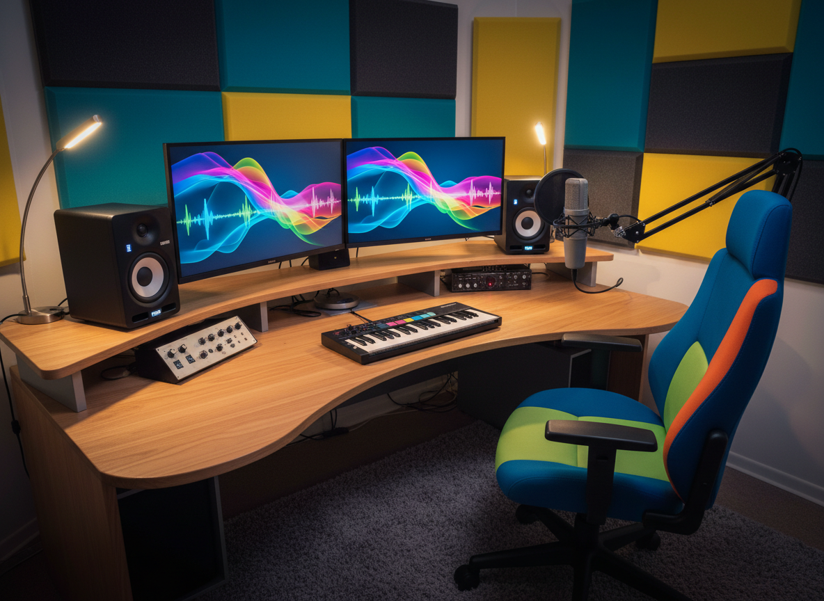 A sleek recording and production corner within the music school, rendered in vivid photographic realism. A large, curved wooden desk holds a digital audio workstation on twin monitors displaying colorful, abstract waveforms without readable text, flanked by studio monitor speakers and a compact MIDI keyboard. A high-quality condenser microphone on a boom arm extends over a padded, playful-colored studio chair. Acoustic foam panels in bold geometric patterns cover the wall behind the setup. Soft, focused LED task lights and the gentle glow from screens provide most of the illumination, creating subtle reflections on metal knobs and polished surfaces. Shot from a three-quarter angle at eye level, the composition highlights both creativity and professionalism, showing this as a brave, fun space where students can compose, record, and experiment.