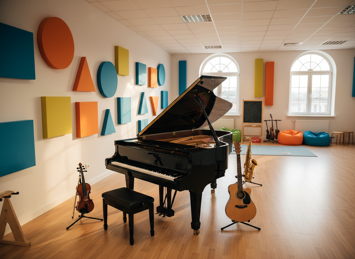 A bright, inviting music studio photographed in crisp detail, with a polished black grand piano as the central focus, its open lid revealing gleaming strings and hammers. Around it, colorful acoustic panels in playful geometric shapes line the walls, and neatly arranged stands hold a violin, acoustic guitar, and saxophone. Sunlight pours through large windows, casting soft, warm reflections on the hardwood floor and instrument surfaces. The mood is brave and fun, full of creative possibility. Shot at eye level with a wide lens, the composition emphasizes depth, drawing the viewer from the piano toward a slightly blurred background of open, flexible teaching spaces. The photographic style is vibrant, modern, and welcoming, perfectly suited to a playful music school environment.