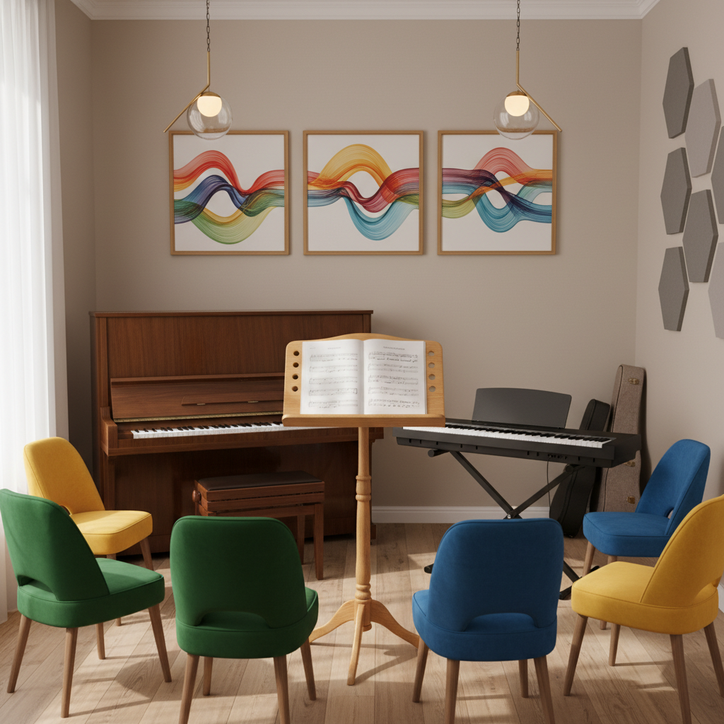 A cozy private lesson room captured in photographic realism, centered on a sturdy light-wood music stand holding open sheet music, flanked by a glossy upright piano and a sleek electric keyboard on a stand. Colorful, cushioned chairs of different sizes suggest suitability for both children and adults without showing anyone directly. On the wall, abstract artwork made of swirling, colorful soundwave patterns adds a playful touch. Soft overhead pendant lighting blends with diffused daylight from a side window, creating gentle shadows that feel warm and inviting. Shot from a slightly elevated angle with shallow depth of field, the focus is on the instruments and stand, while sound-dampening panels and instrument cases in the background are softly blurred, hinting at focused, friendly one-on-one teaching.